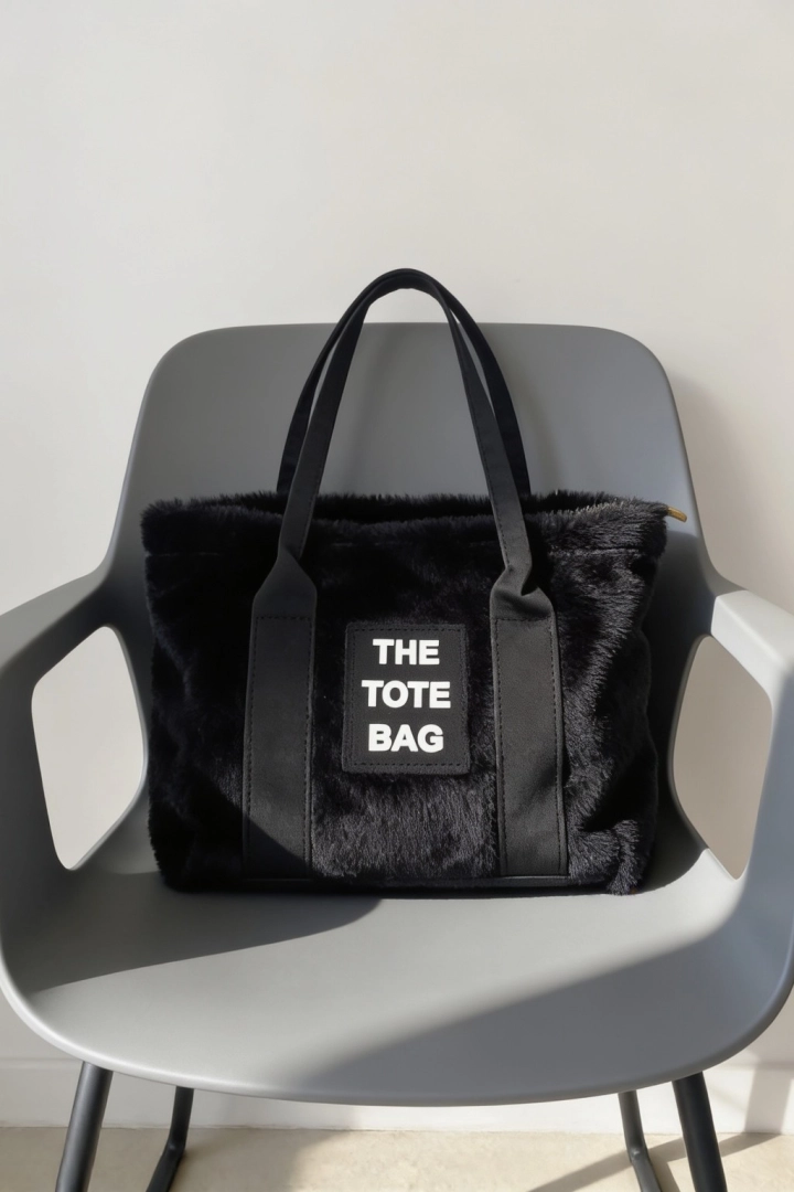 #253 - Kadın Siyah Peluş K&uuml;rk Dokulu G&uuml;nl&uuml;k Tote El &Ccedil;antası