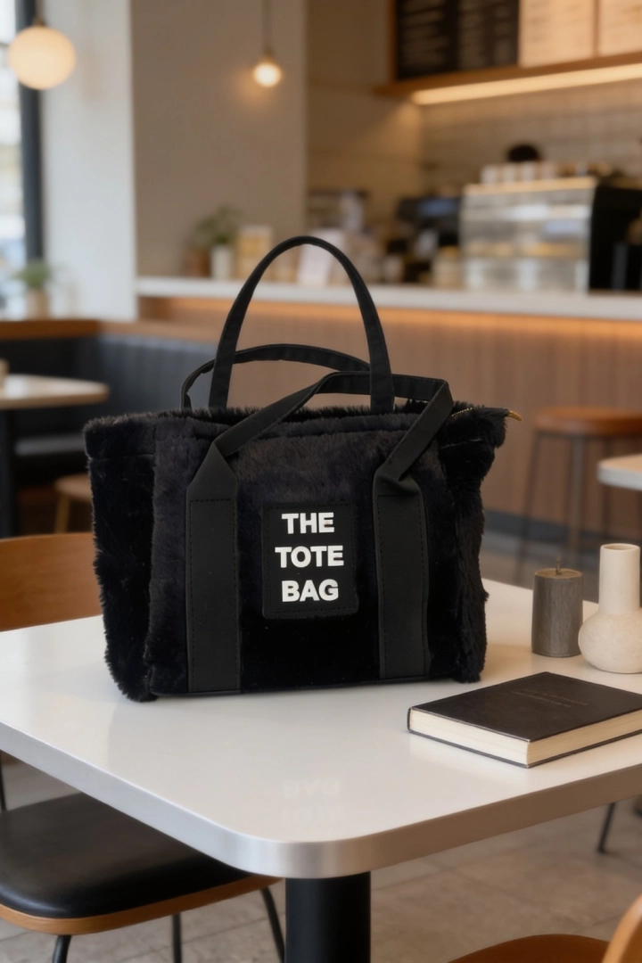 #255 - Kadın Siyah Peluş K&uuml;rk Dokulu G&uuml;nl&uuml;k Tote El &Ccedil;antası