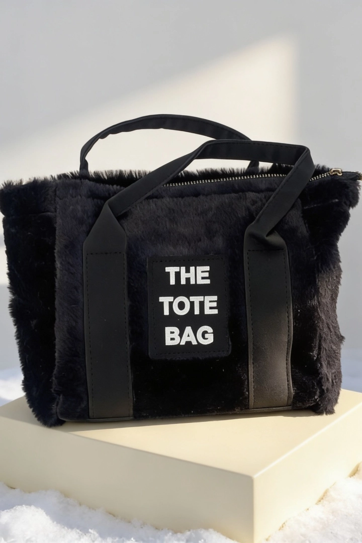 #256 - Kadın Siyah Peluş K&uuml;rk Dokulu G&uuml;nl&uuml;k Tote El &Ccedil;antası