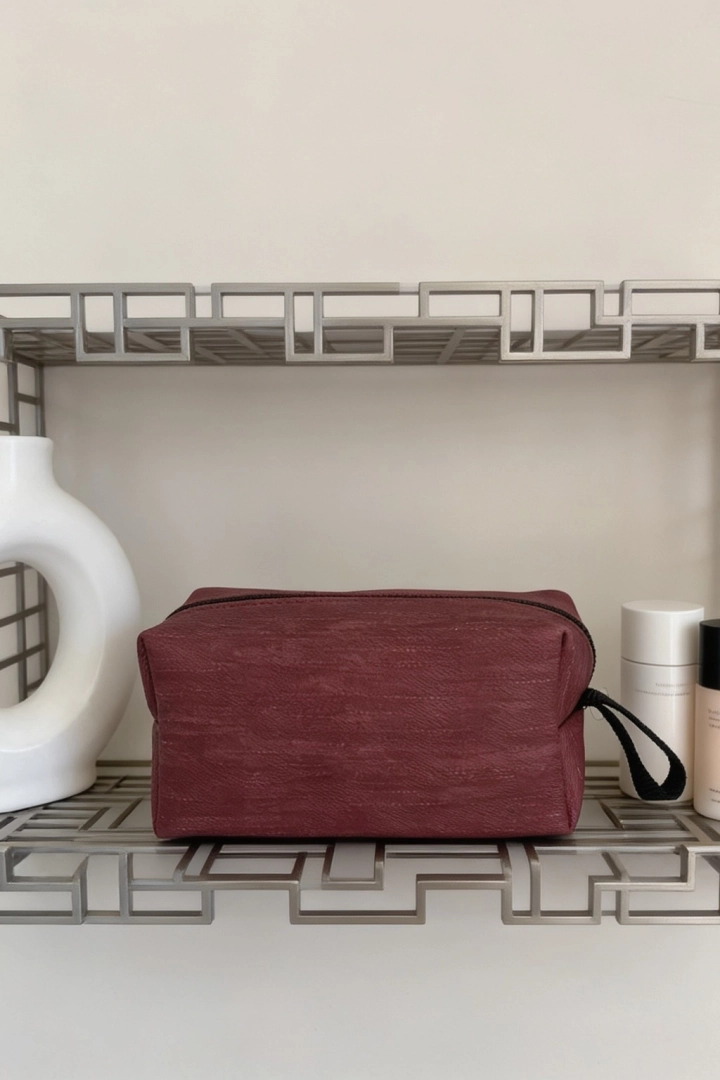 #168 - Bordo Keten Dokulu Kozmetik &Ccedil;antası &Ccedil;ok Ama&ccedil;lı Seyahat Organizer