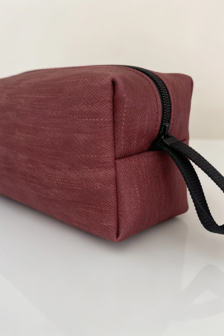 #4 - Bordo Keten Dokulu Kozmetik &Ccedil;antası &Ccedil;ok Ama&ccedil;lı Seyahat Organizer