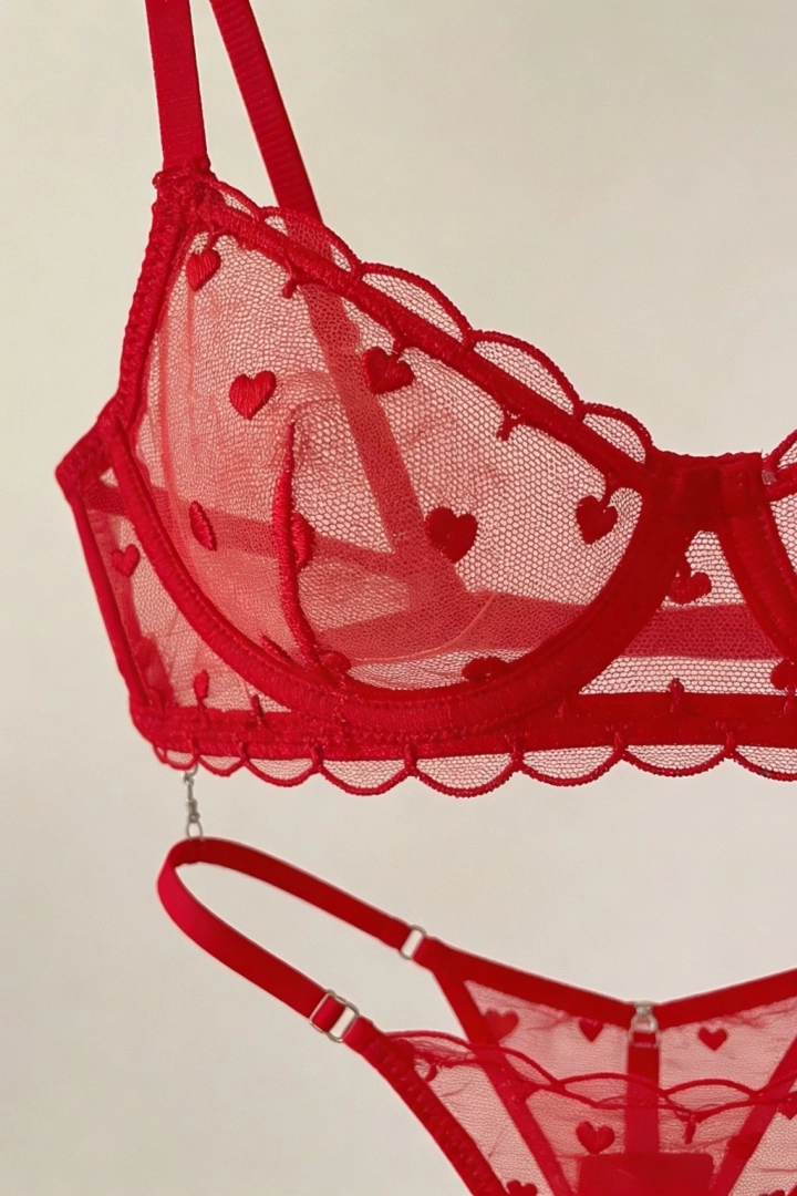 #642 - Kırmızı Kalp Nakışlı Transparan T&uuml;l S&uuml;tyen ve String K&uuml;lot Takımı