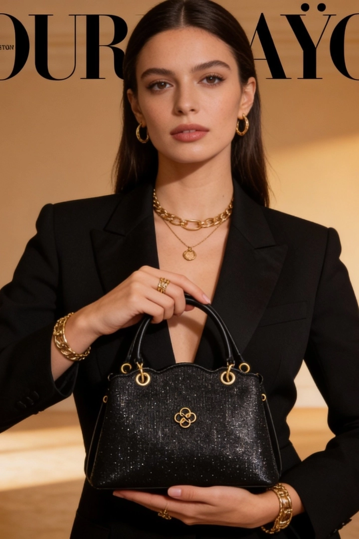 #52 - Siyah Sim Dokulu Kadın El ve Omuz &Ccedil;antası Gold Detaylı Şık Tasarım