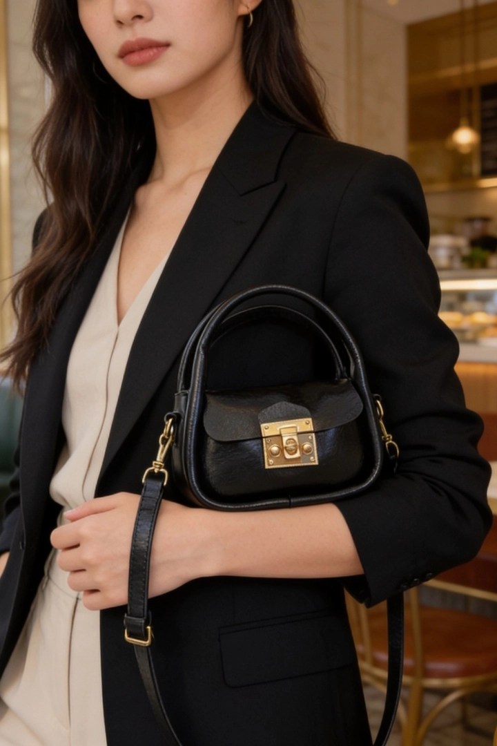 #293 - Luna Gold Kilit Detaylı Siyah Mini El ve Omuz &Ccedil;antası
