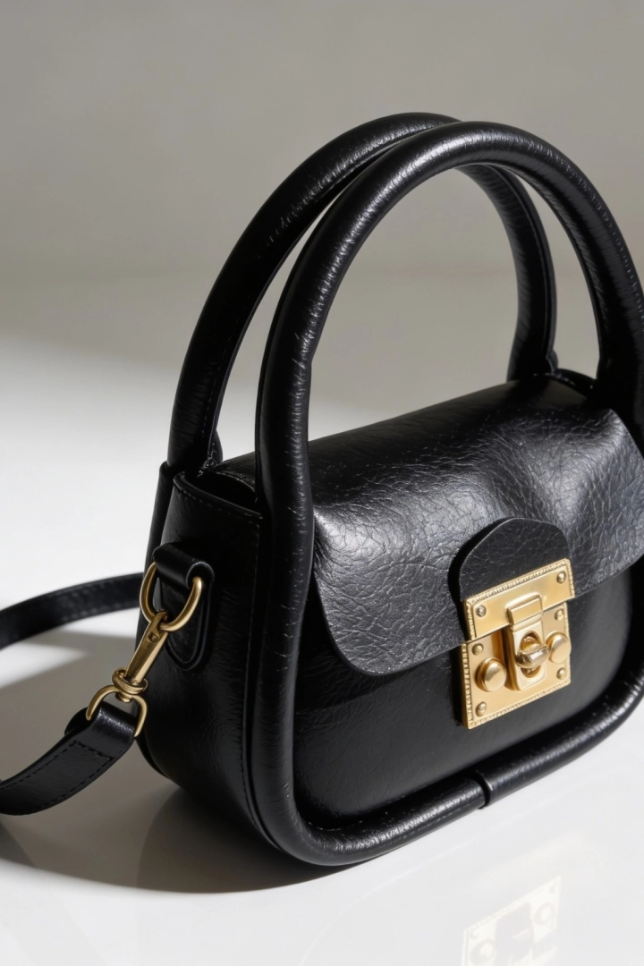 #295 - Luna Gold Kilit Detaylı Siyah Mini El ve Omuz &Ccedil;antası