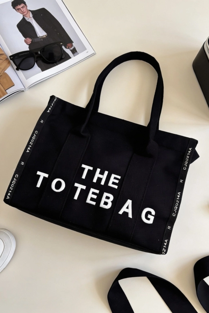 #50 - Siyah Kadın Kanvas Tote Bag G&uuml;nl&uuml;k Omuz &Ccedil;antası B&uuml;y&uuml;k Boy