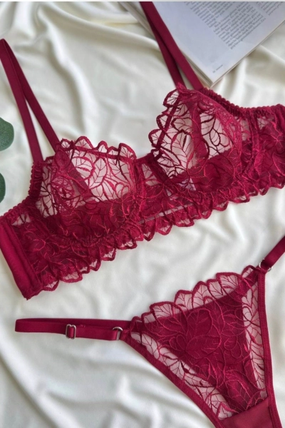 #BR-246-3 - Kadın Bordo &Ccedil;i&ccedil;ek Desenli Dantel S&uuml;tyen K&uuml;lot Takımı