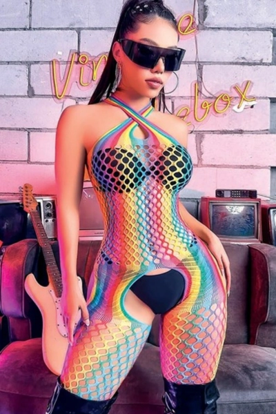 #5001- - Kadın G&ouml;kkuşağı Desenli File V&uuml;cut &Ccedil;orabı