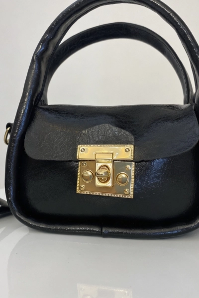 #LNA-248-SYH - Luna Gold Kilit Detaylı Siyah Mini El ve Omuz &Ccedil;antası