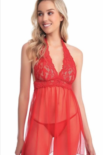 #3320-2 - Kadın Kırmızı Dantel Babydoll Gecelik Transparan T&uuml;l İ&ccedil; Giyim